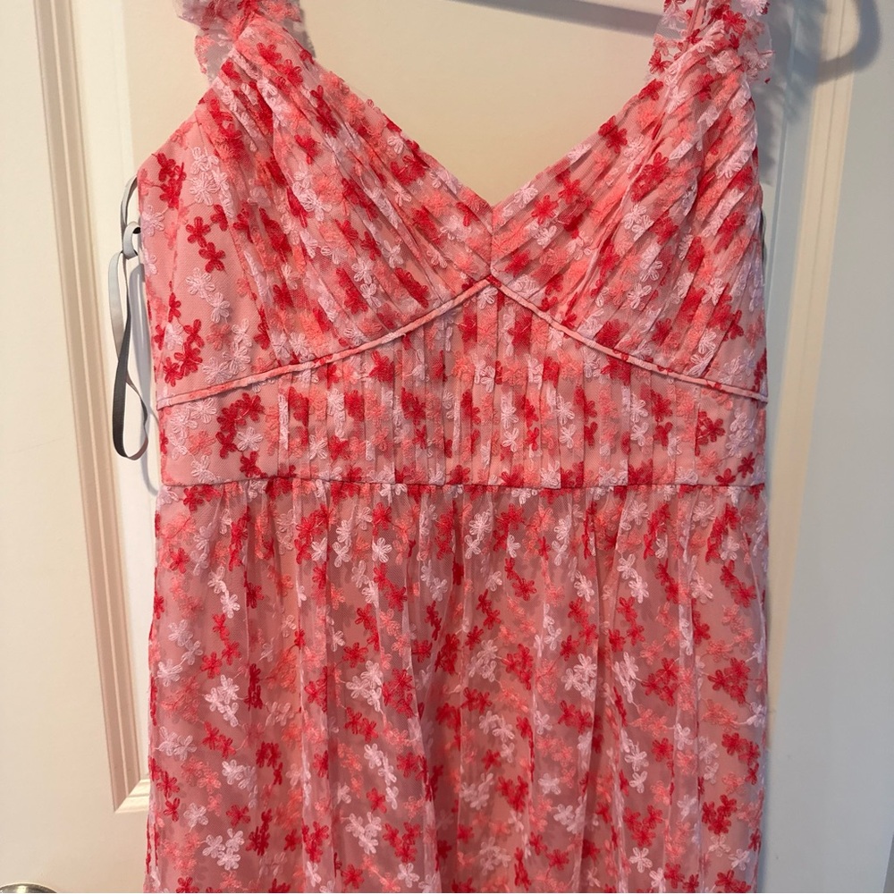 ML Monique Lhuillier Floral Embroidered Mesh Pink & White Midi Dress | Size 10 - Picture 6 of 10